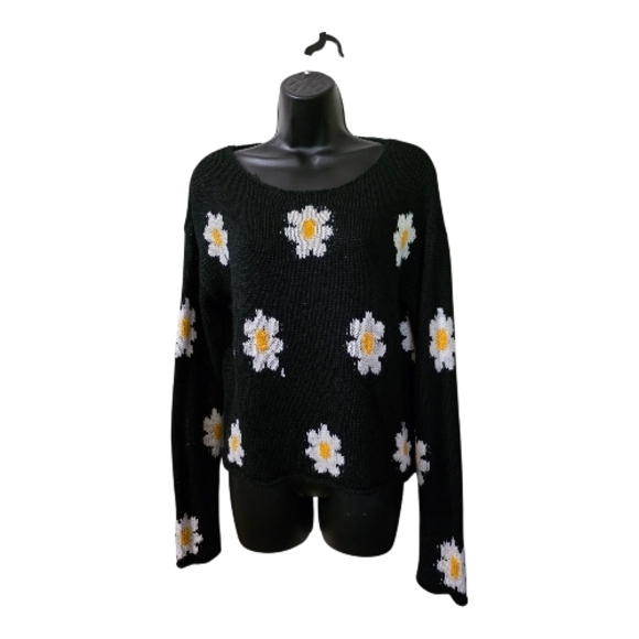 Rewind Sweaters - Rewind Black Sweater with Daisy Pattern